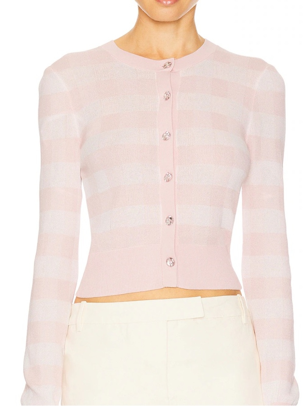 For Love And Lemons Pale Pink & White Striped Cropped Cardigan